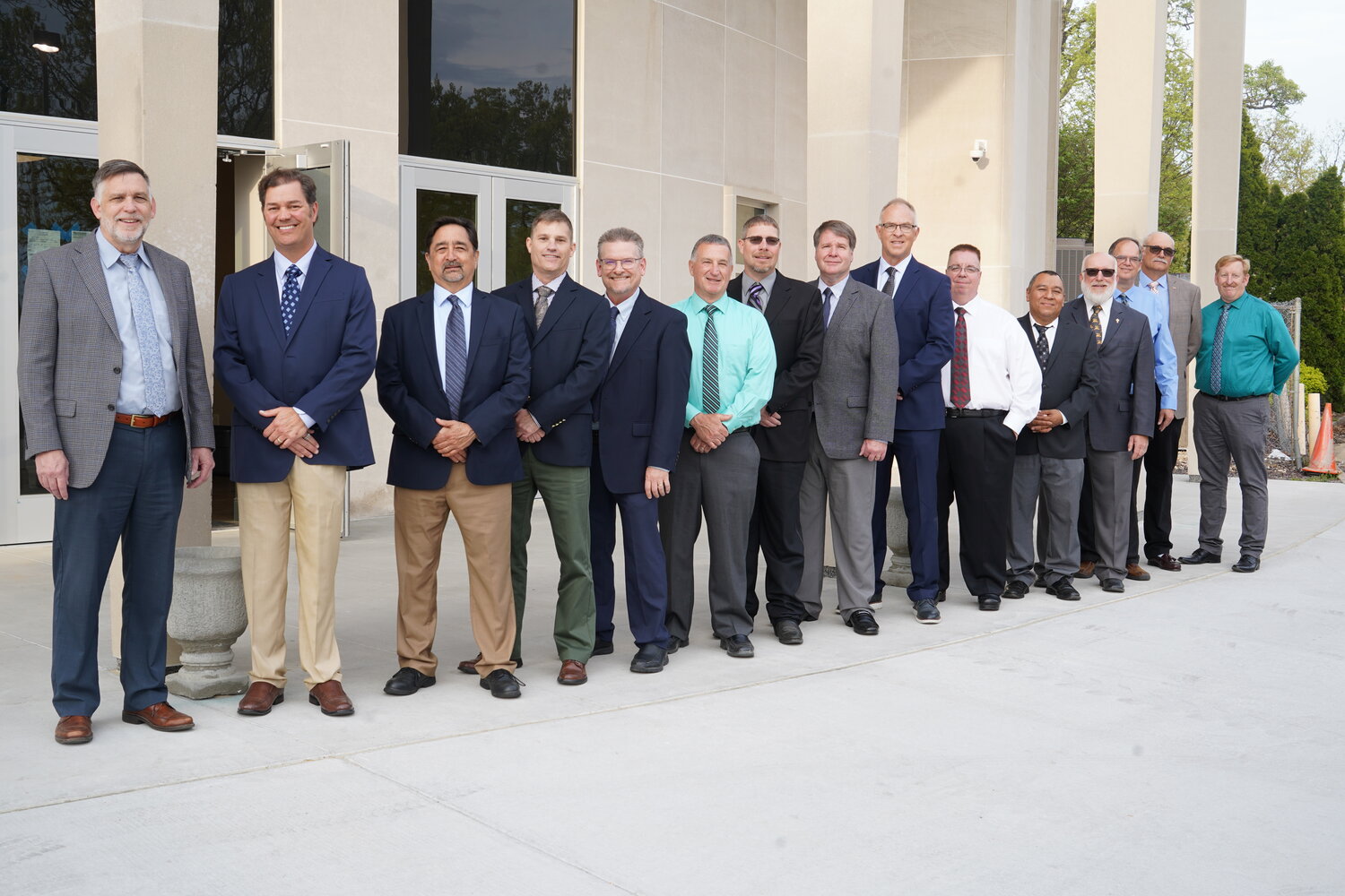 Edward Galbraith, Louie Delk, Charles Ochoa, Harvey Million Jr, Robert Czarnecki, Michael Dorrell, Chad Freie, Kenneth Arthur, Keith Henke, Dwayne Goodwin OFS, Osmaro de Leon, James Rangitsch Jr, Mark Oligschlaeger, Denis Gladbach and Brian Lutz gather outside the Cana Hall entrance to the Cathedral of St. Joseph April 28 before being admitted to candidacy, an important milestone in the five-year process of discernment and formation for the Diaconate.